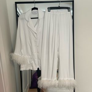 Womens Sleeper party ostrich feather trim 2-piece pajama set